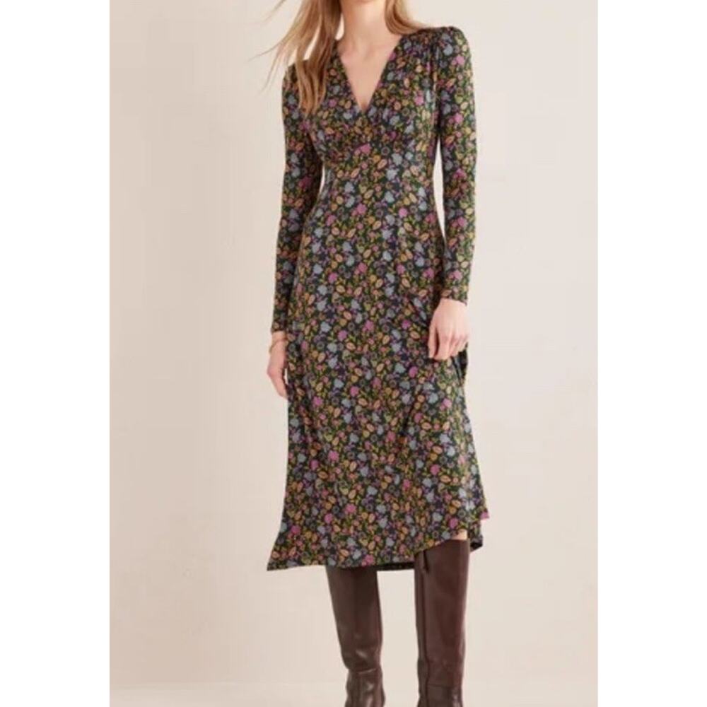 Boden Jersey Midi Tea Dress Chatsworth Green Lotus Petal Floral Sz 12 Uk US 8